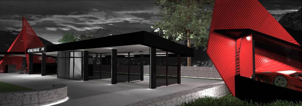 Nowoczesna myjnia bezdotykowa z czerwoną elewacją i przeszklonymi ścianami, otoczona zielenią i kamiennym murem. Obiekt wyróżnia się futurystycznym designem i 24-godzinną dostępnością. Idealne miejsce dla miłośników samochodów szukających innowacyjnych usług myjni.