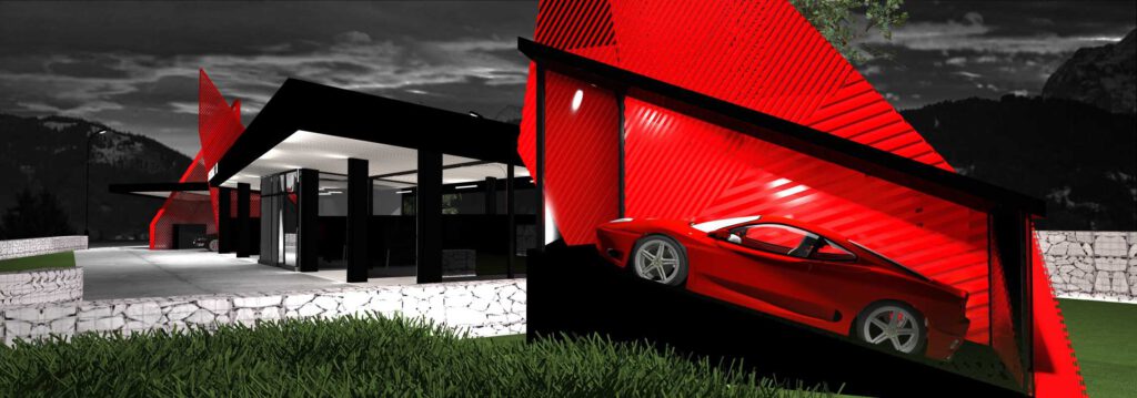 Nowoczesny budynek z czerwonymi akcentami i luksusowym sportowym samochodem w garażu, otoczony zieloną trawą i górskim krajobrazem, symbolizujący elegancję i innowacyjność w architekturze, idealny dla producenta myjni bezdotykowych.