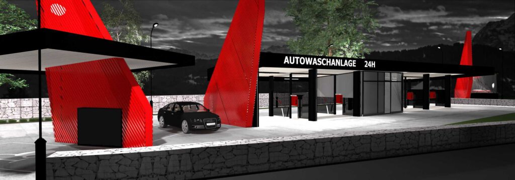 Nowoczesna myjnia bezdotykowa z charakterystycznymi czerwonymi akcentami, otwarta 24 godziny na dobę. W tle widać zielone drzewa oraz stylowe oświetlenie, a przed obiektem stoi czarny samochód. Idealna lokalizacja dla miłośników czystych aut.