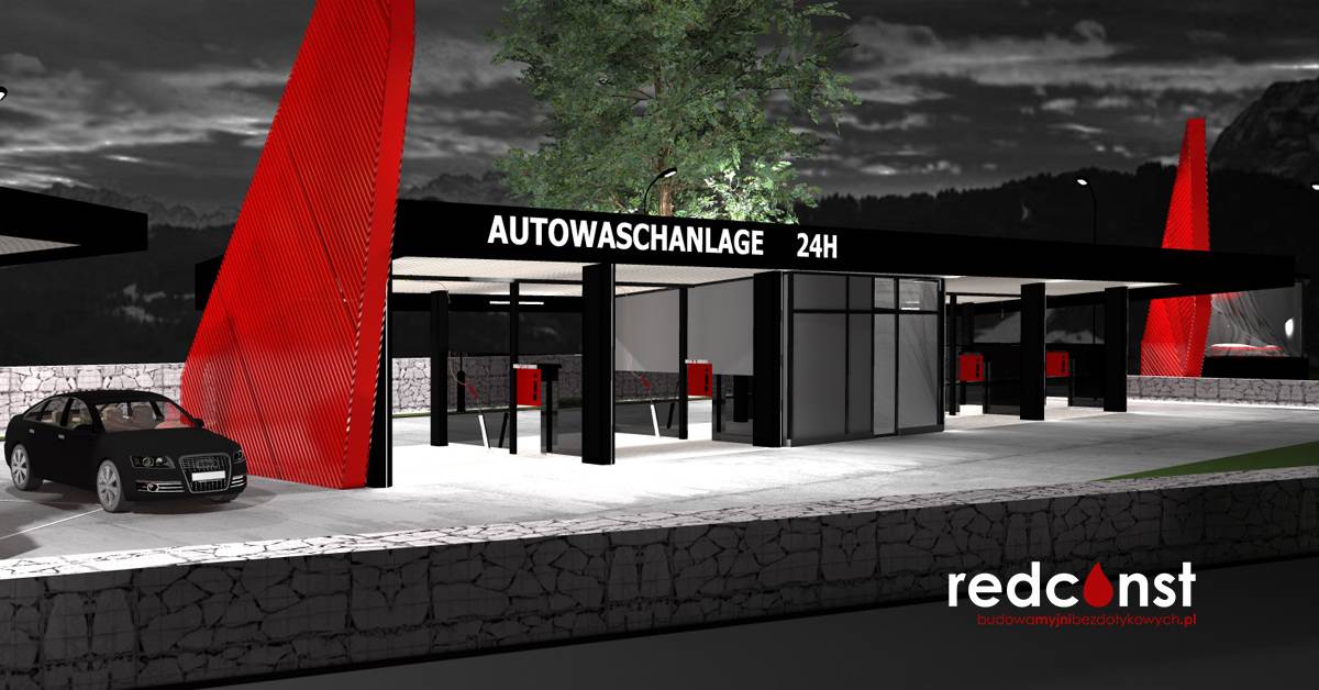 Nowoczesna myjnia bezdotykowa czynna 24 godziny na dobę, z czerwonymi akcentami i eleganckim wystrojem. W tle widać zieleń i górzysty krajobraz, co podkreśla design i funkcjonalność myjni. Idealne miejsce dla kierowców dbających o czystość swoich samochodów.