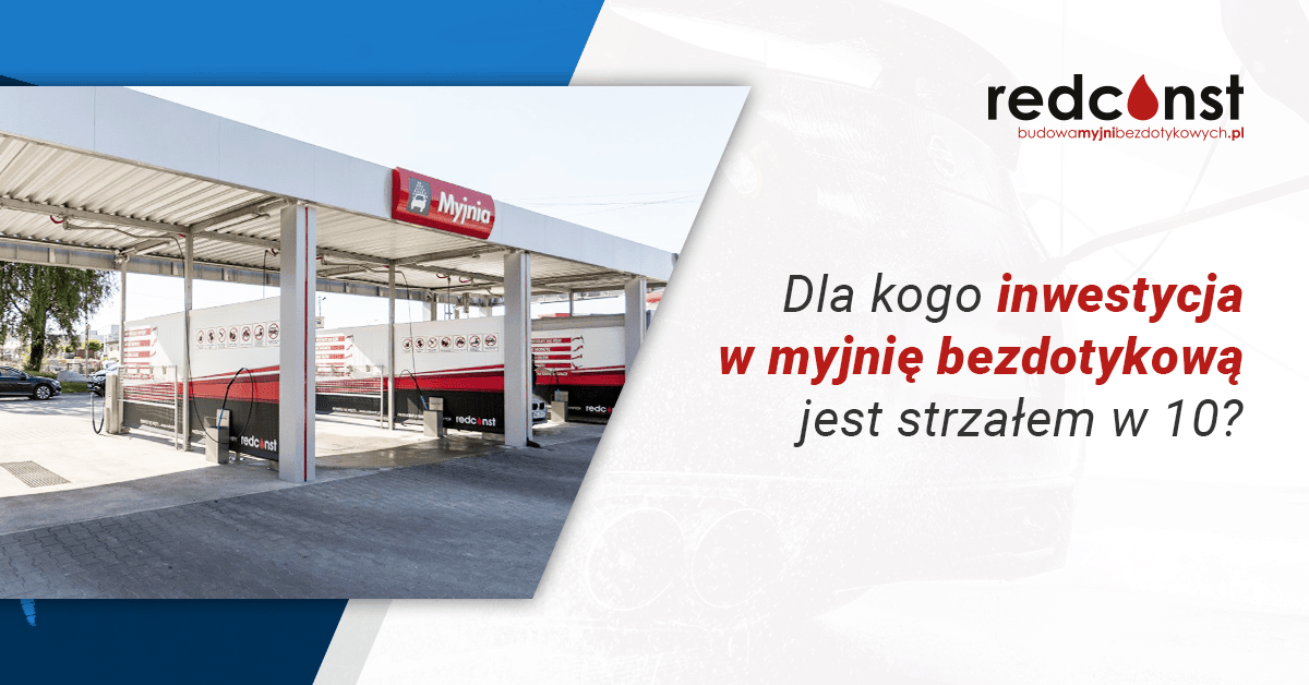 Obiekt myjni bezdotykowej z wyraźnym logo "Myjnia" oraz reklamą inwestycji, ukazujący stacje do samodzielnego mycia samochodów. Ekspozycja nowoczesnych elementów, idealna dla producenta myjni bezdotykowej i inwestorów.