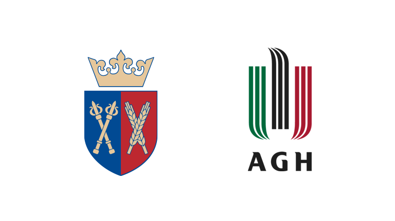 Logo Akademii Górniczo-Hutniczej (AGH) po lewej, z herbem łączącym symbole rolnictwa i przemysłu, a po prawej nowoczesne logo AGH z kolorowymi paskami w zielonym, czarnym i czerwonym.